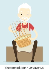 Illustration of a Basket Maker Man Wearing Apron Sitting and Weaving Wood Splints to Make a Woven Basket