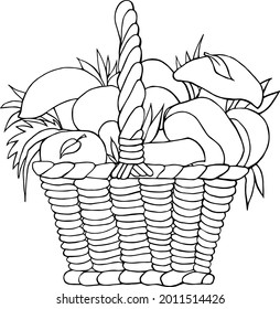 Illustration of a basket with mushrooms. Black and white, hand-painted. Autumn vector picture.
