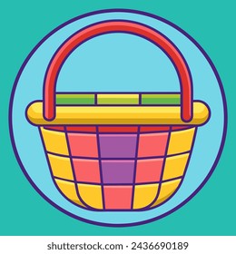 illustration of a basket on a green background with a blue circle on it, done in the style of vector graphics