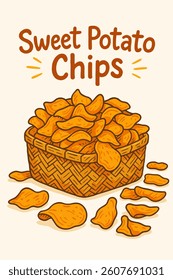 Illustration of a basket overflowing with sweet potato chips with a few spilled out making it suitable for snack food concepts.