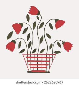 Illustration of a basket with red flowers and green leaves. Simple floral design with red flowers. Basket and flowers create a minimalist floral art piece. Vintage art illustration vector.