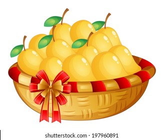 Illustration of a basket of ripe mangoes on a white background