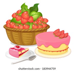 Illustration of a basket of strawberries and a strawberry flavored cake on a white background