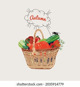  illustration with a basket of vegetables, a dialog cloud, an inscription and a fly, vector design for paper, fabric and other surfaces