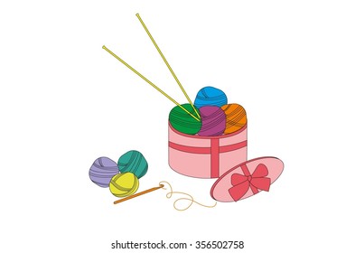 Illustration of  basket with wool colored balls of yarn and knitting needles.
Colorful needlework set.