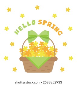 An illustration of a basket of yellow rapeseed flowers in full bloom in spring. The typography reads, "Hello Spring."