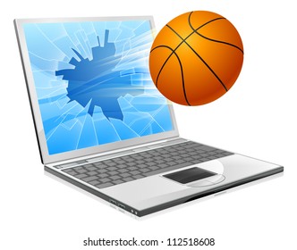 Illustration of a basketball ball flying out of a broken laptop computer screen