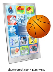 Illustration of a basketball ball flying out of mobile phone screen