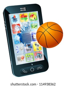 Illustration of a basketball ball flying out of cell phone screen