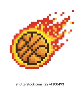 Illustration basketball ball on red fire, sport pixel art