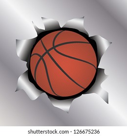 illustration of a basketball bursting trough a metal sheet effects.