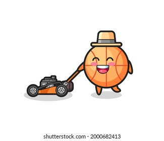 illustration of the basketball character using lawn mower , cute style design for t shirt, sticker, logo element