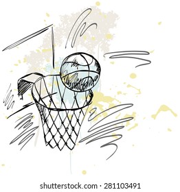 Illustration Of A Basketball Game. The Ball Is Flying In The Basket