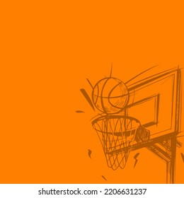 illustration of basketball and basketball hoop. drawn by hand. orange background with empty space for you to fill.