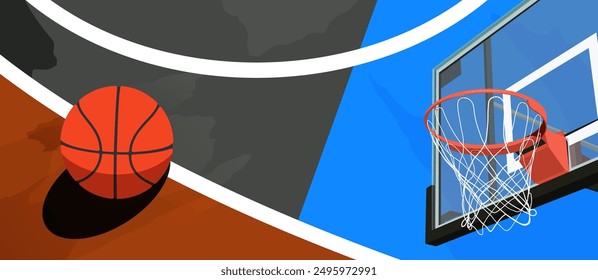 illustration of a basketball hoop and a basketball in the middle of the court. Celebrate National Sports Day. sports background. Template design for national basketball game event