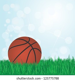 illustration of basketball on grass with sunshine and flare on background.