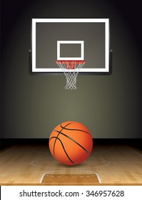 An illustration of a basketball on a hardwood court with a basketball hoop. Vector EPS 10 available. EPS file contains transparencies and gradient mesh. EPS is layered.