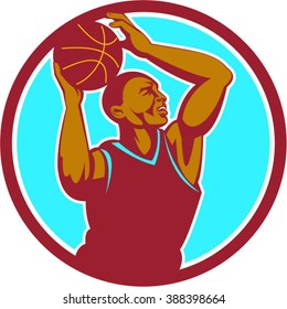 Illustration of a basketball player with ball rebounding lay up set inside circle viewed from the side done in retro style.