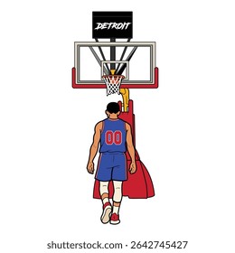 ilustração de um jogador de basquete com um uniforme vermelho azul em pé sob o aro, visto por trás. A cena mostra uma quadra de basquete com um backboard da marca detroit.