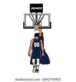 ilustração de um jogador de basquete com um uniforme branco azul em pé sob o aro, visto por trás. A cena mostra uma quadra de basquete com um backboard da marca denver.