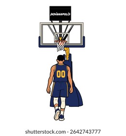 ilustração de um jogador de basquete com um uniforme amarelo azul em pé debaixo do aro, visto por trás. A cena mostra uma quadra de basquete com um backboard da marca Indianapolis.