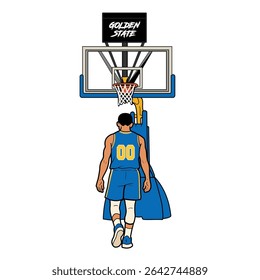 ilustração de um jogador de basquete com um uniforme amarelo azul em pé debaixo do aro, visto por trás. A cena mostra uma quadra de basquete com um quadro traseiro da marca Cleveland.