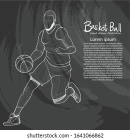 illustration of basketball player dribbling on chalkboard background.