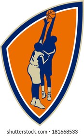 Illustration of a basketball player dunking blocking rebounding ball set inside shield crest done in retro style on isolated background.