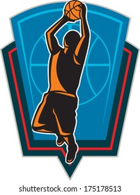 Illustration of a basketball player dunking rebounding ball set inside shield crest done in retro style on isolated background.