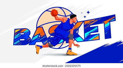 Illustration a basketball player in grunge style. Male basketball athlete dribbling the ball, this design has the concept of celebrating a basketball game. National sports day celebration