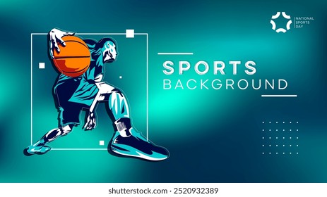 Ilustração de um jogador de basquete em estilo grunge. Atleta de basquete masculino driblando a bola, este design tem o conceito de comemorar um jogo de basquete. Celebração do Dia Nacional do Esporte