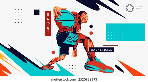 Ilustração de um jogador de basquete em estilo grunge. Atleta de basquete masculino driblando a bola, este design tem o conceito de comemorar um jogo de basquete. Celebração do Dia Nacional do Esporte