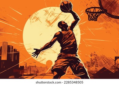 illustration of a basketball player holding a ball with beautiful orange background