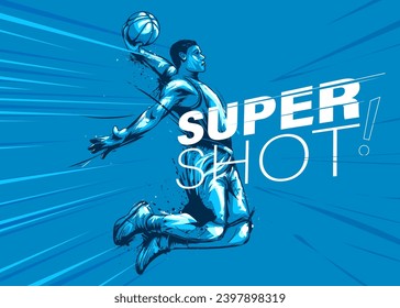  illustration of a basketball player holding a ball with hand sketch. Line Drawing of Basketball Player in action in blue background