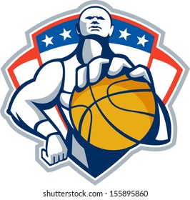 Illustration of a basketball player holding facing front set inside shield crest with stars done in retro style.