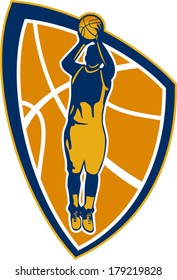 Illustration of a basketball player jump shot jumper shooting jumping set inside shield crest on isolated white background.