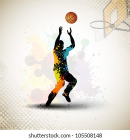 Illustration eines Basketballspielers, der mit Ball auf buntem, abstraktem, grauem Hintergrund spielt. EPS10.