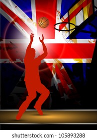 Illustration of a basketball player practicing with ball at court on flag abstract grungy background. EPS 10.