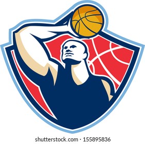 Illustration of a basketball player rebounding lay up ball set inside shield crest done in retro style.