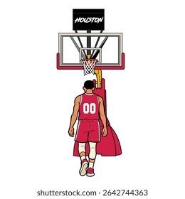 ilustração de um jogador de basquete com um uniforme branco vermelho em pé sob o aro, visto por trás. A cena mostra uma quadra de basquete com um backboard da marca Houston.