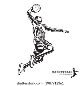 Ilustración del jugador de baloncesto, Slam Dunk Silhouette, datos del vector