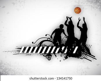 Illustration of a basketball players practicing with ball at court on  abstract grungy background. EPS 10.