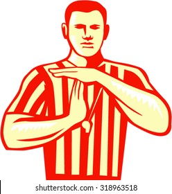 Illustration of a basketball referee doing a technical foul hand signal viewed from front set on isolated white background done in retro style. 