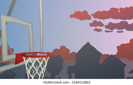 Illustration of a basketball shield at sunset. City, landscape, eps ready to use. For your design