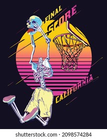 illustration basketball, summer colorful, skull, Skelton body  wearing shoe and shorts.