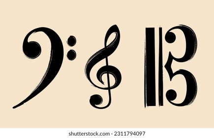 Illustration eines Bass F-Clef, Treble G-Clef, alto C-clef. Zeichen einer musikalischen Allianz. Gestaltungselemente. Symbole eines Musikpersonals