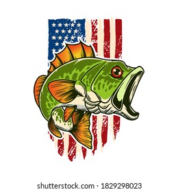 Illustration of bass fish of background of usa flag in grunge style. Design element for poster,card, banner, sign, emblem. Vector illustration