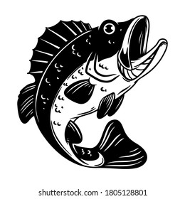 Illustration of bass fish. Big perch. Perch fishing. Design element for logo, emblem, sign, poster, card, banner. Vector illustration