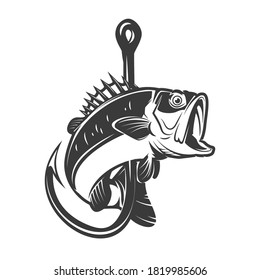 Illustration of bass and fishing hook. Design element for poster,card, banner, sign, emblem. Vector illustration