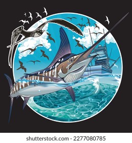 ilustración Bass marlin pez espada pescador vectores de pescado deporte gran embrollo gráfico Diseño   
